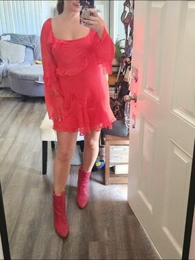Ruffled Sheer Backless Red Mini Dress